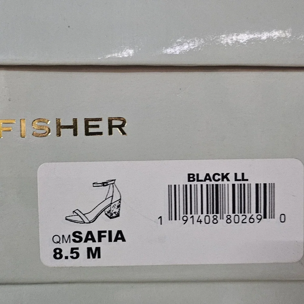 Marc Fisher Safia Black Patent Glitter Block Heel Sandals 8.5M‎ QMSAFIA NEW